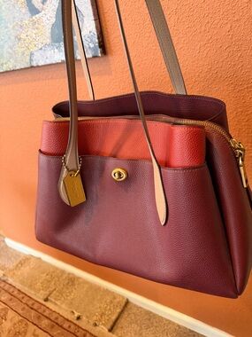 Classic Coach “Willow” Leather Tote in Burgundy and Red with Tan Straps